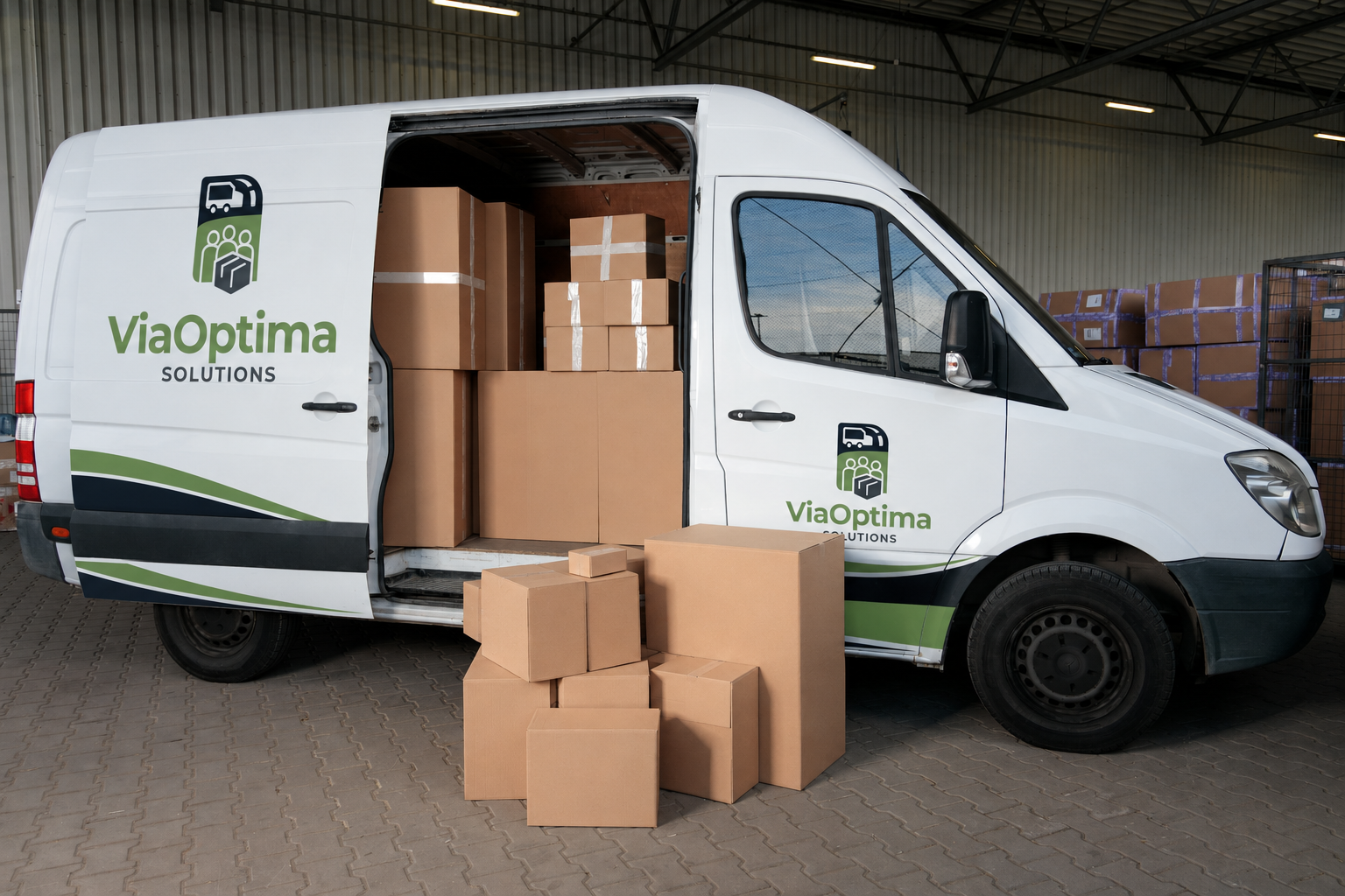 Cardboard boxes loaded inside a delivery truck