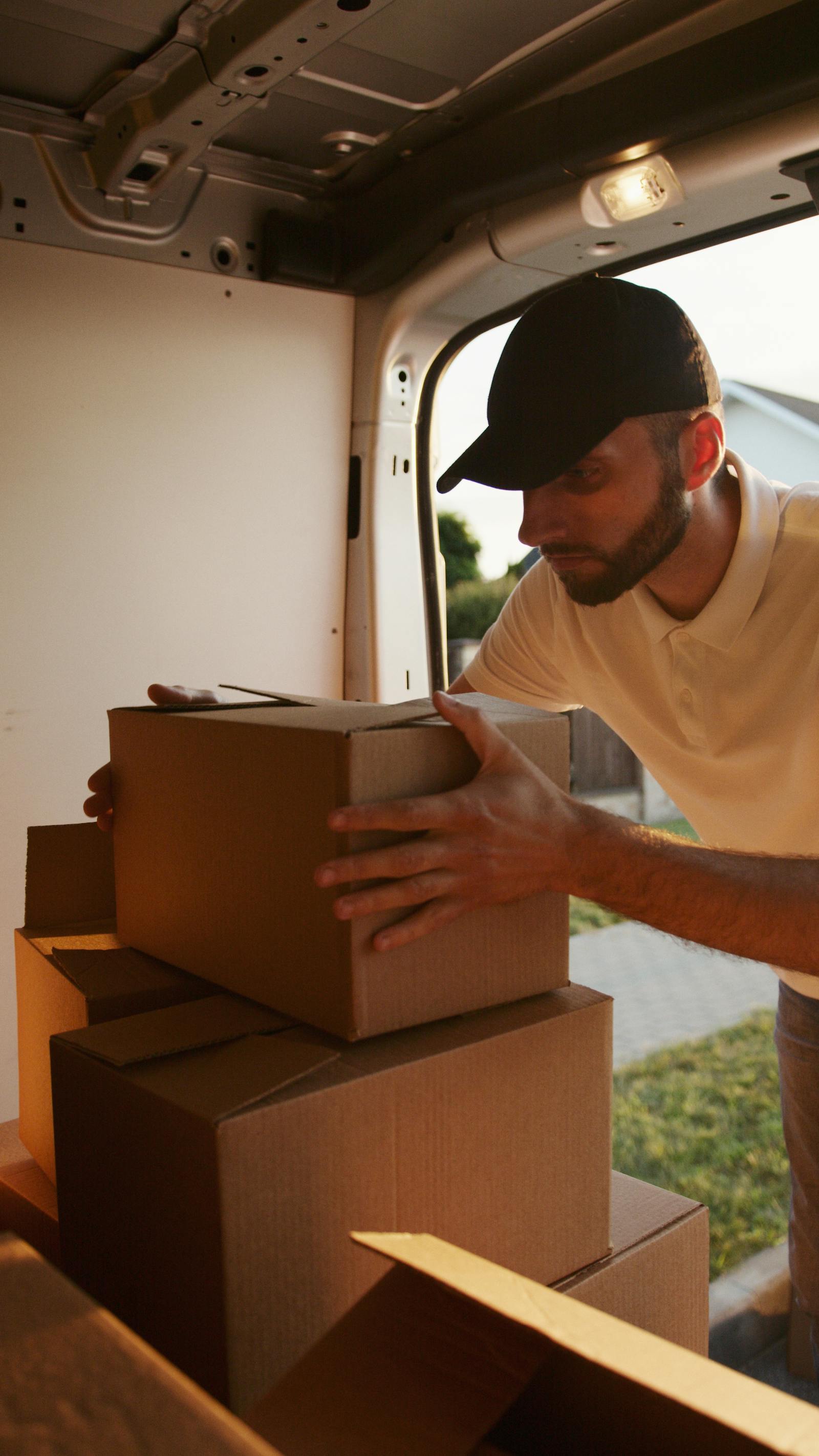 Team member holding boxes beside a company vehicle at sunset